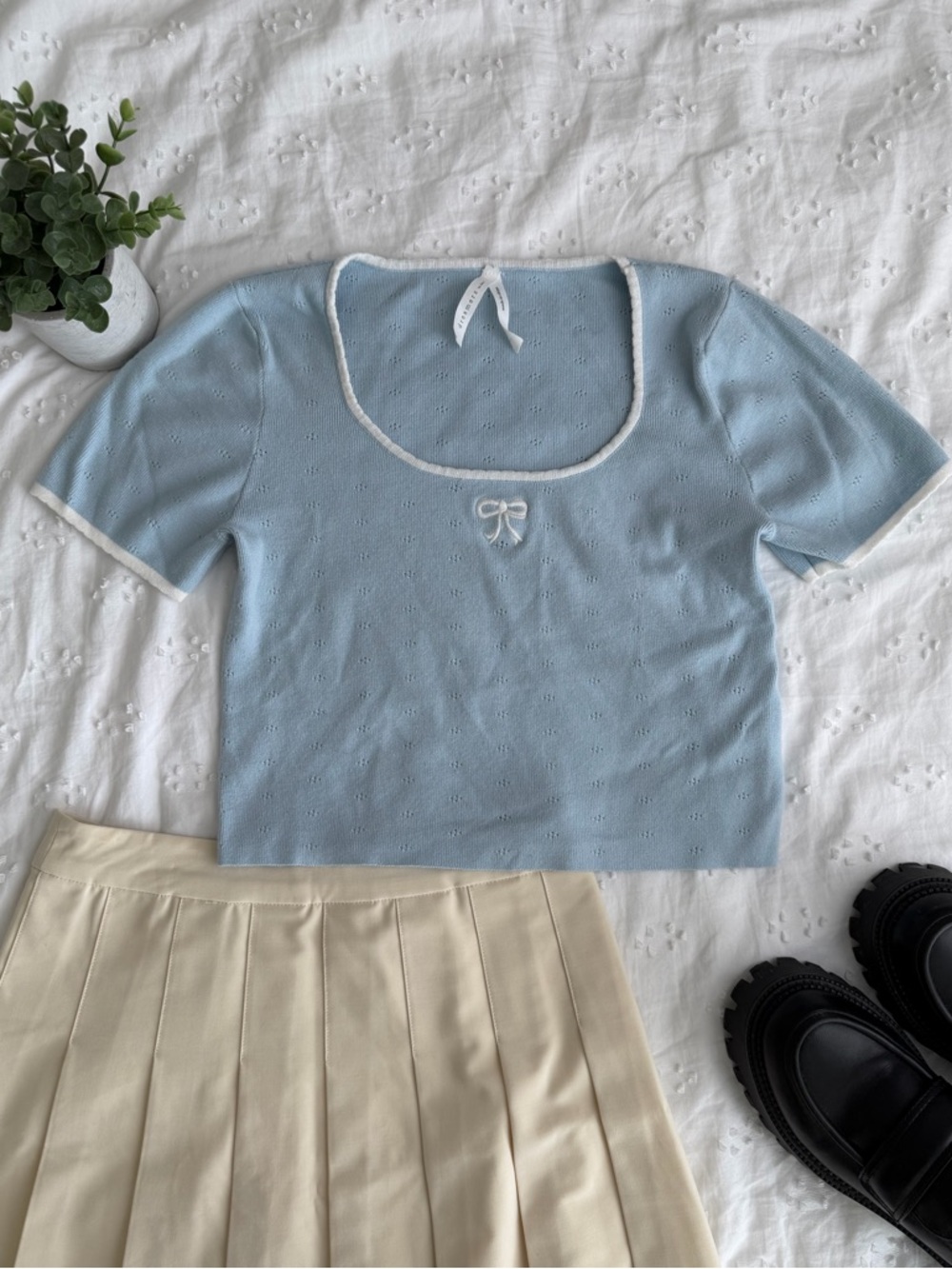 Sky Blue Square-Neck Knit Top with Contrast Trim